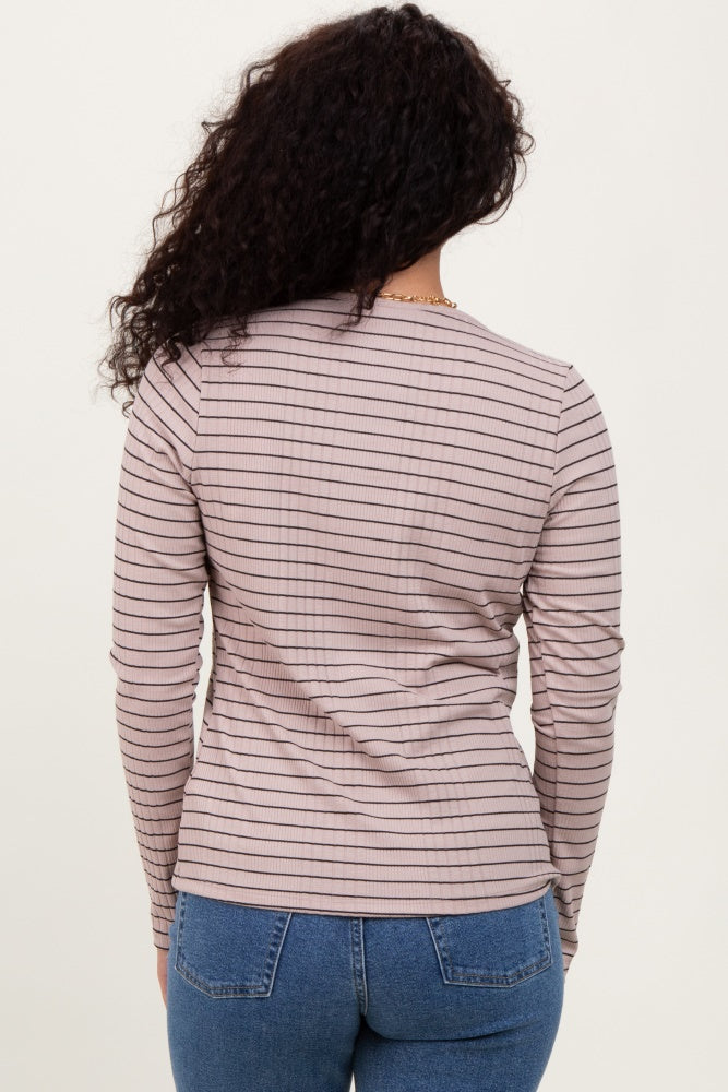 Mocha Striped Ribbed Long Sleeve Lace Detail Button Down Cardigan
