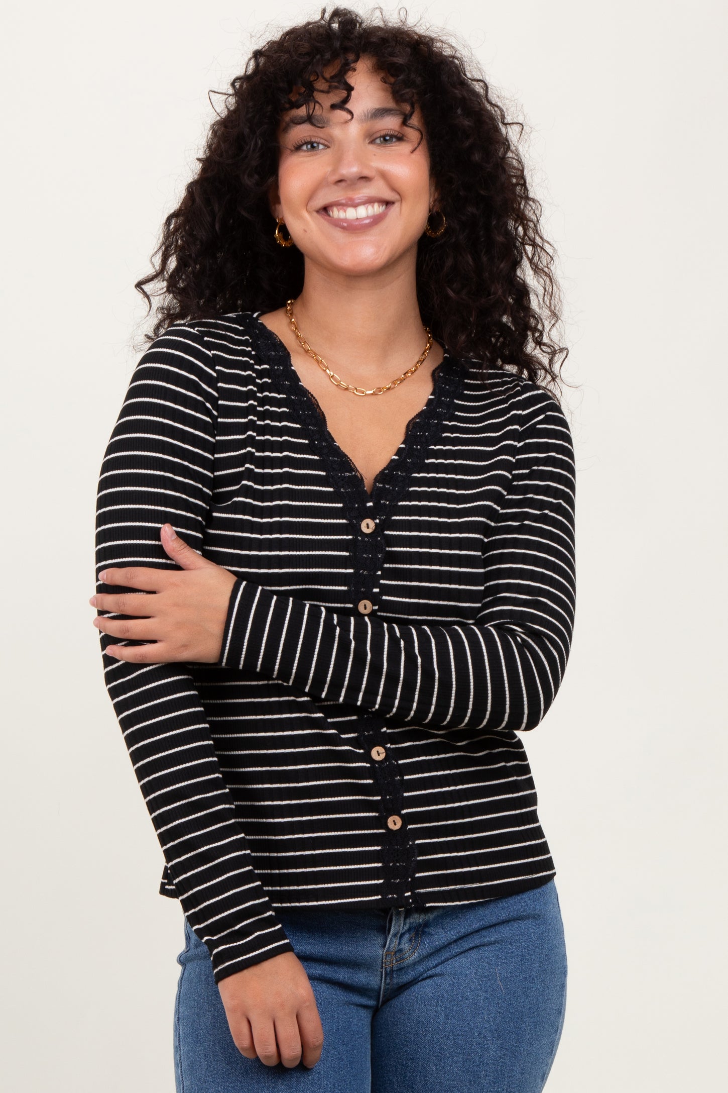 Black Striped Ribbed Long Sleeve Lace Detail Button Down Cardigan