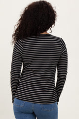 Black Striped Ribbed Long Sleeve Lace Detail Button Down Cardigan