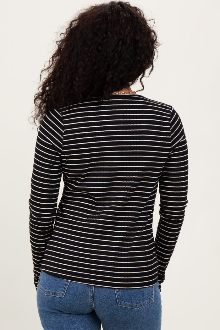 Black Striped Ribbed Long Sleeve Lace Detail Button Down Cardigan