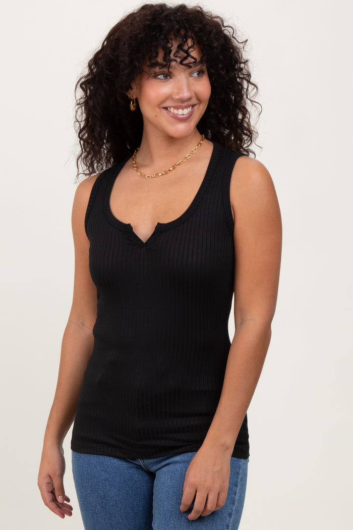 Black Solid Ribbed V-Neck Maternity Tank Top