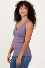 Purple Solid Ribbed V-Neck Tank Top