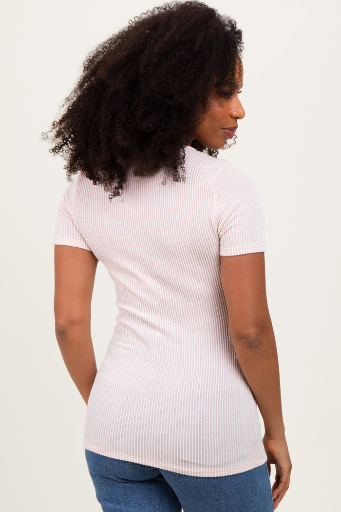 Peach Solid Ribbed Short Sleeve Round Neck Basic Top
