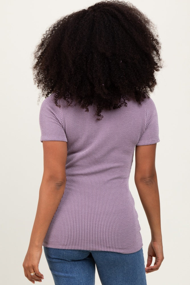 Mauve Solid Ribbed Short Sleeve Round Neck Basic Top