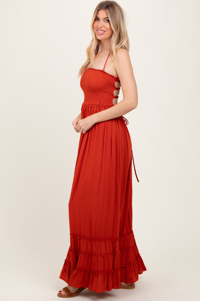 Rust Smocked Woven Maxi Dress