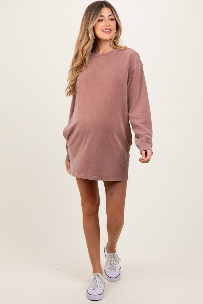 Camel Long Sleeve Oversized Sweatshirt Maternity Mini Dress