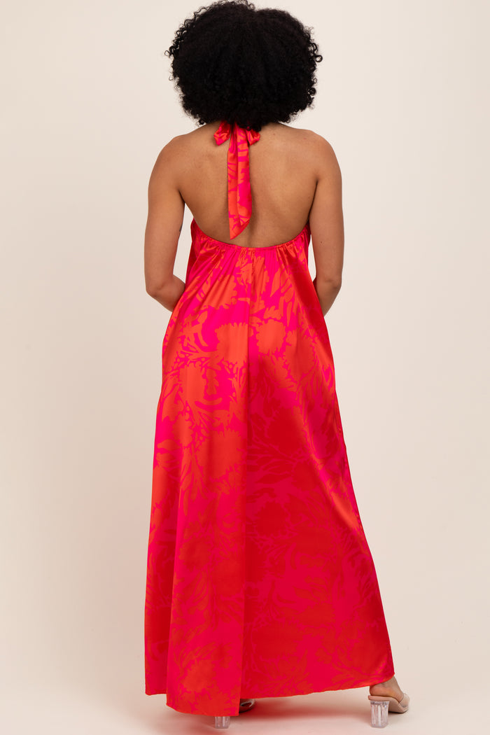 Fuchsia Multi Halter Flower Neck Accent Maxi Dress