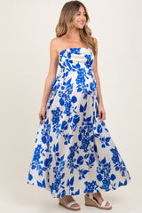 Blue Strapless Back Tie Maternity Maxi Dress