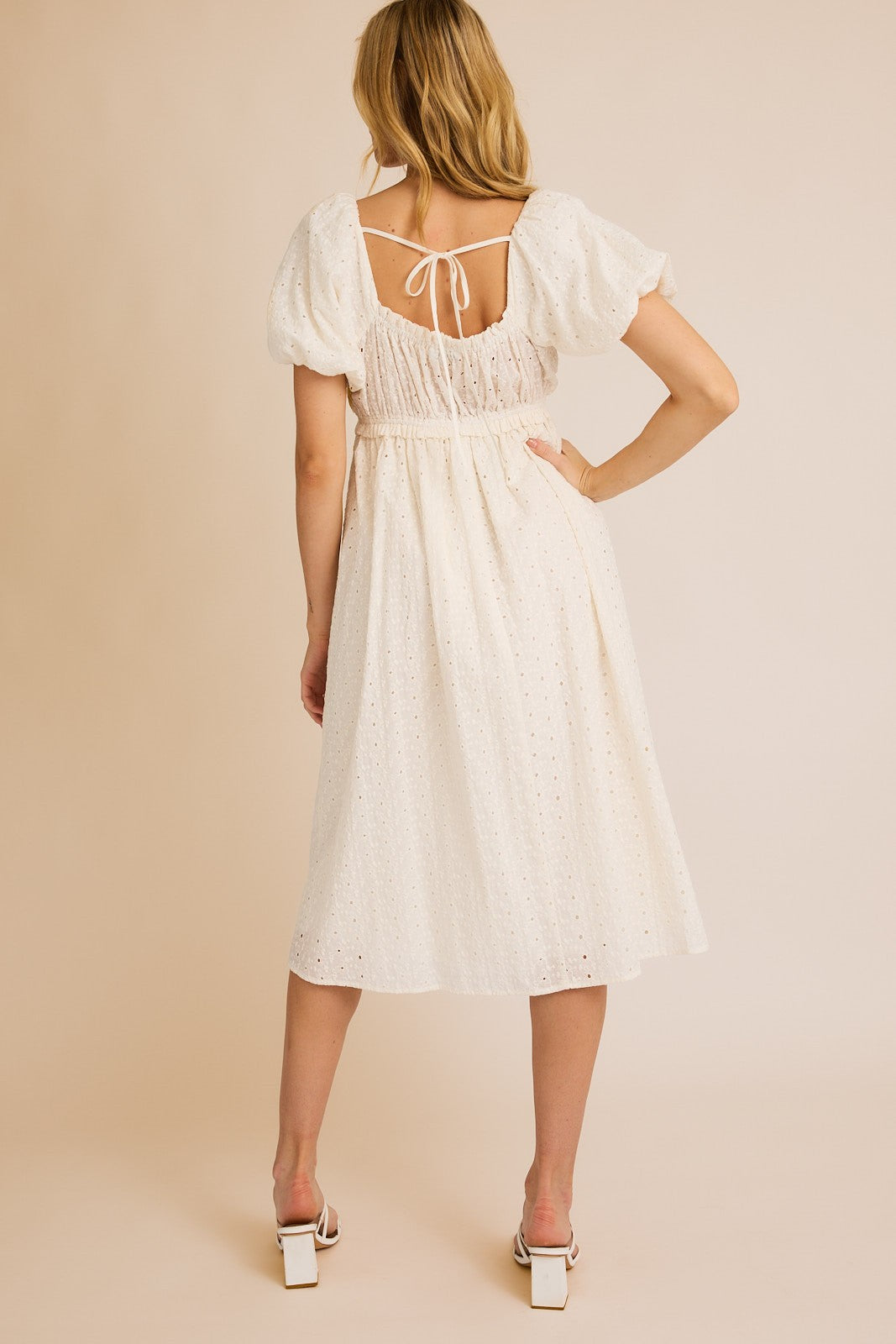 White Eyelet Lace Puff Sleeve Midi Dress