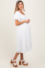 White Eyelet Lace Puff Sleeve Maternity Midi Dress