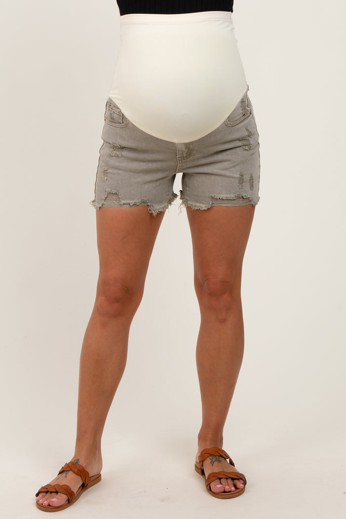 Light Olive Distressed Fringe Hem Maternity Jean Shorts