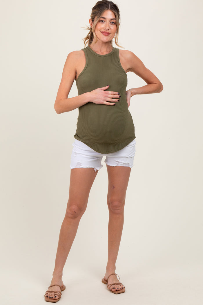 White Distressed Fringe Hem Maternity Jean Shorts