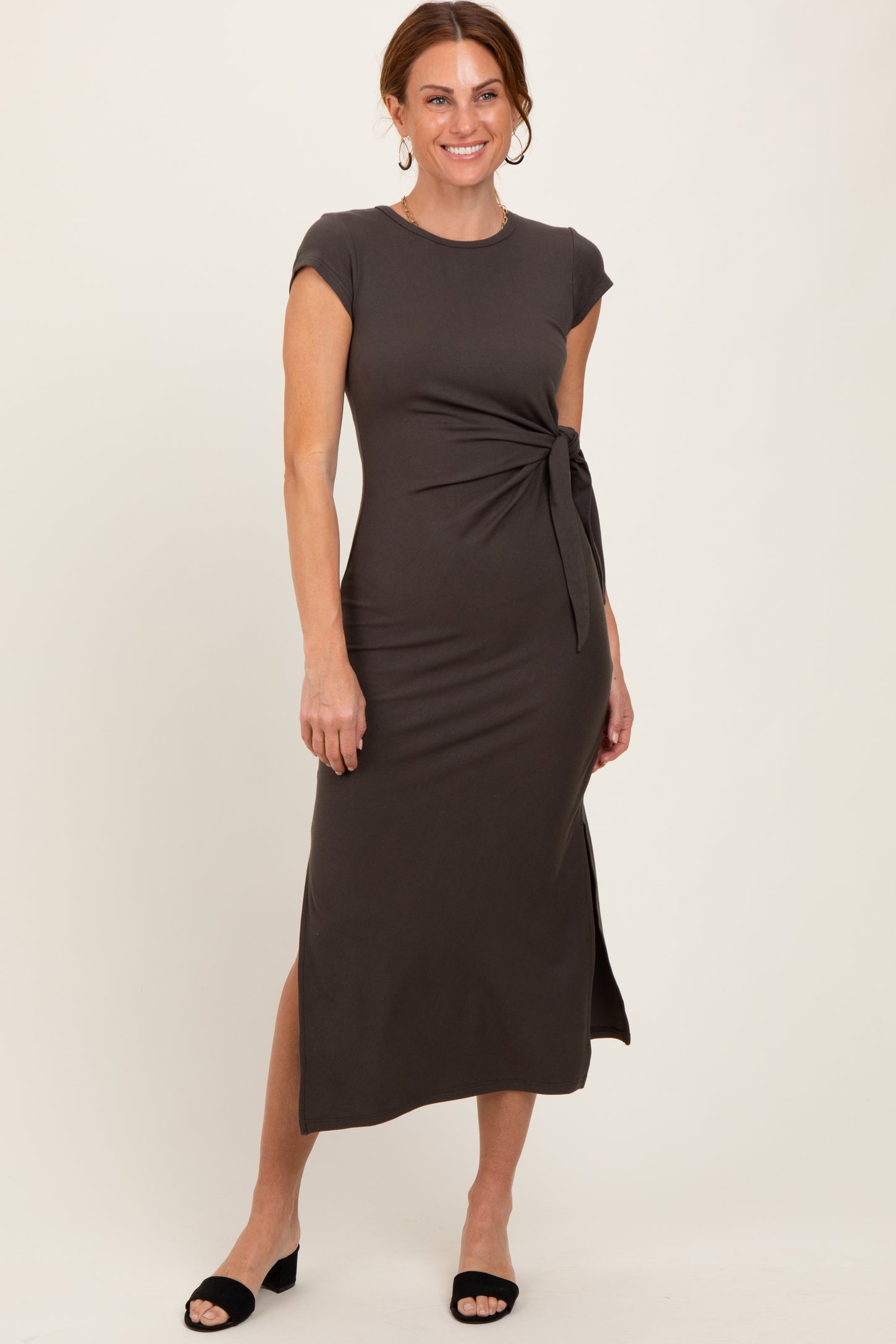 Brown Side Knot Tie Short Sleeve Midi Dress