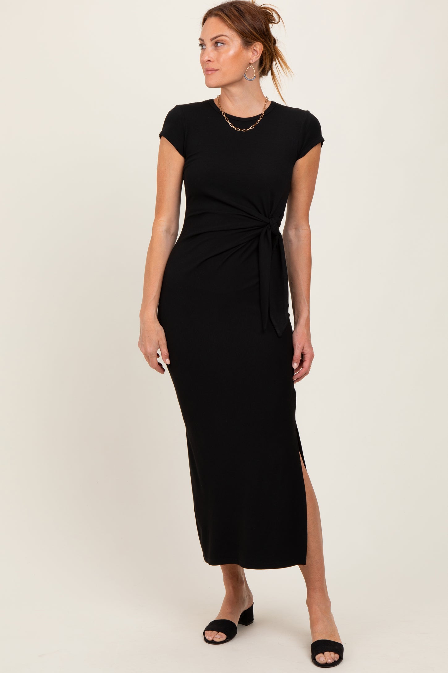 Black Side Knot Tie Short Sleeve Midi Dress