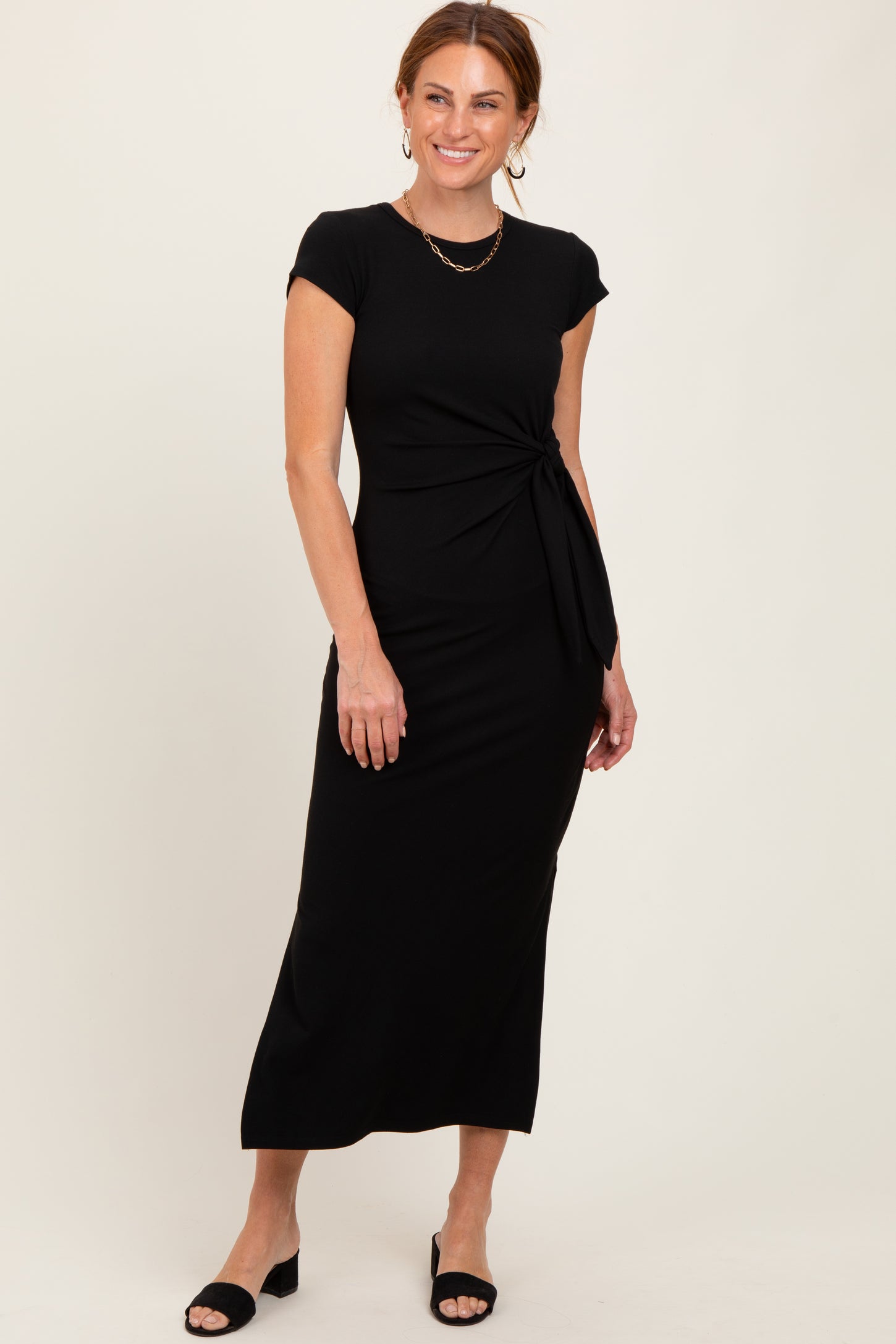 Black Side Knot Tie Short Sleeve Midi Dress