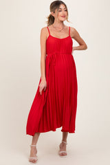 Red Pleated Sash Tie Maternity Midi Dress