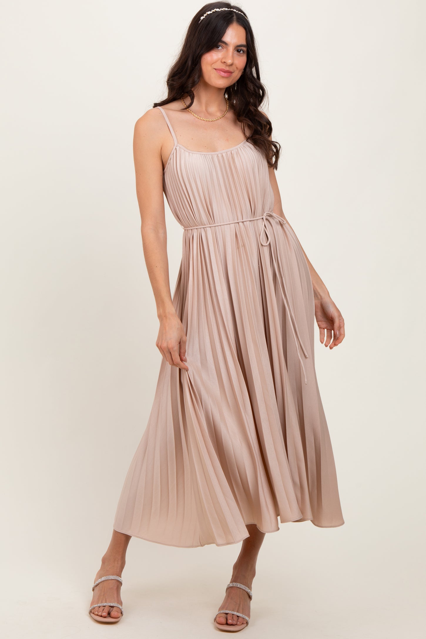 Beige Pleated Sash Tie Maternity Midi Dress