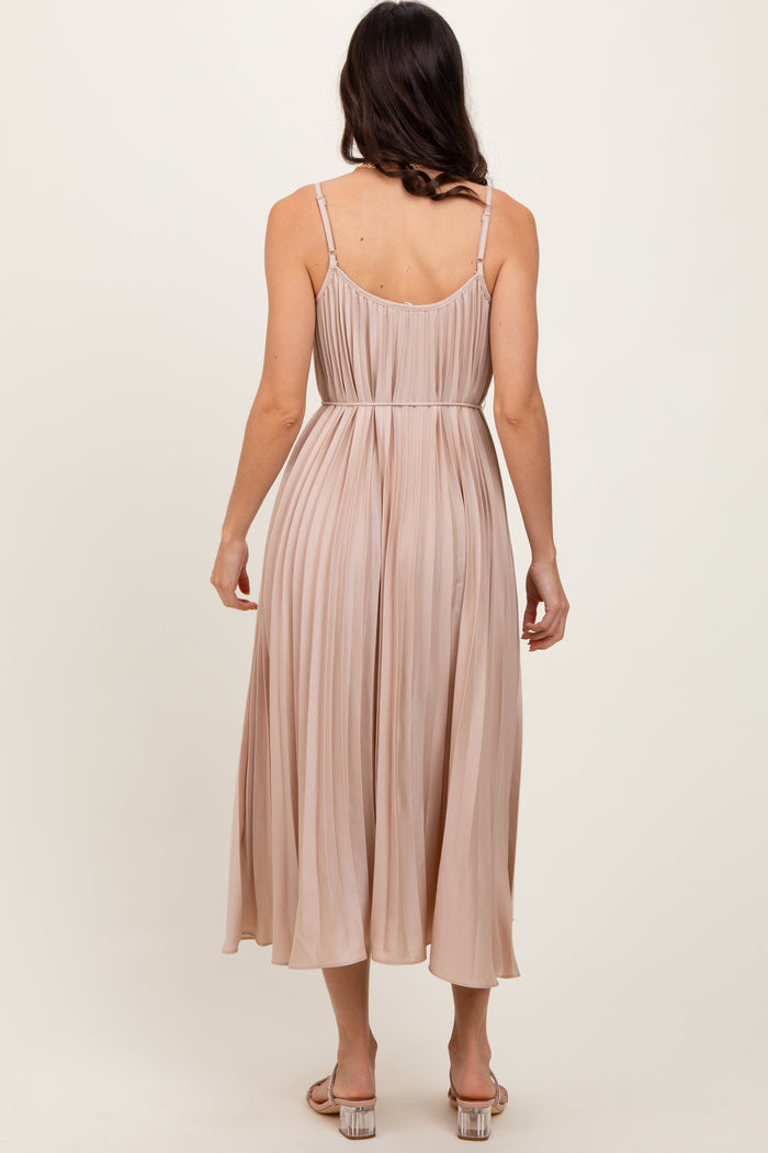 Beige Pleated Sash Tie Midi Dress