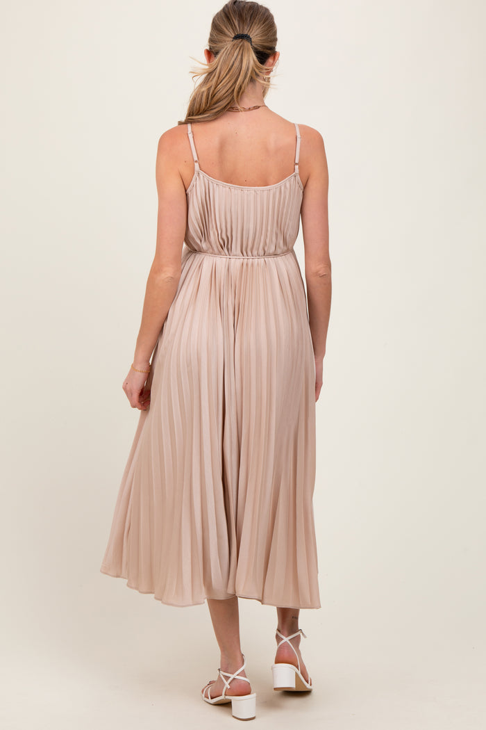 Beige Pleated Sash Tie Maternity Midi Dress