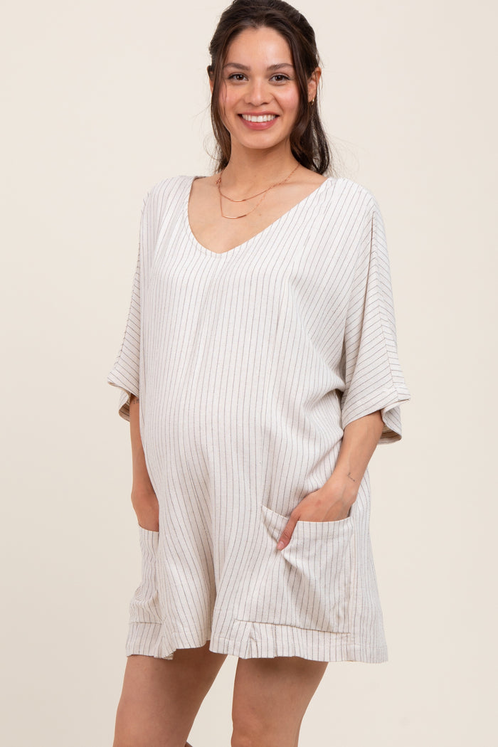 Beige Stripe Dolman Sleeve Linen Blend Maternity Romper