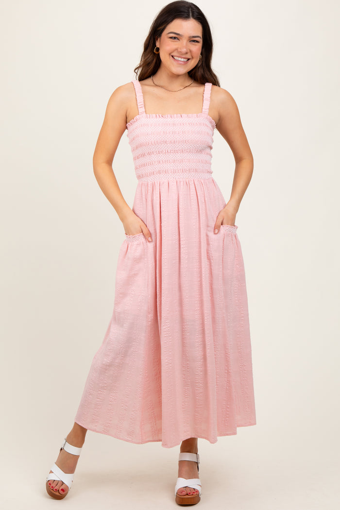 Light Pink Smocked Embroidered Bust Textured Midi Dress
