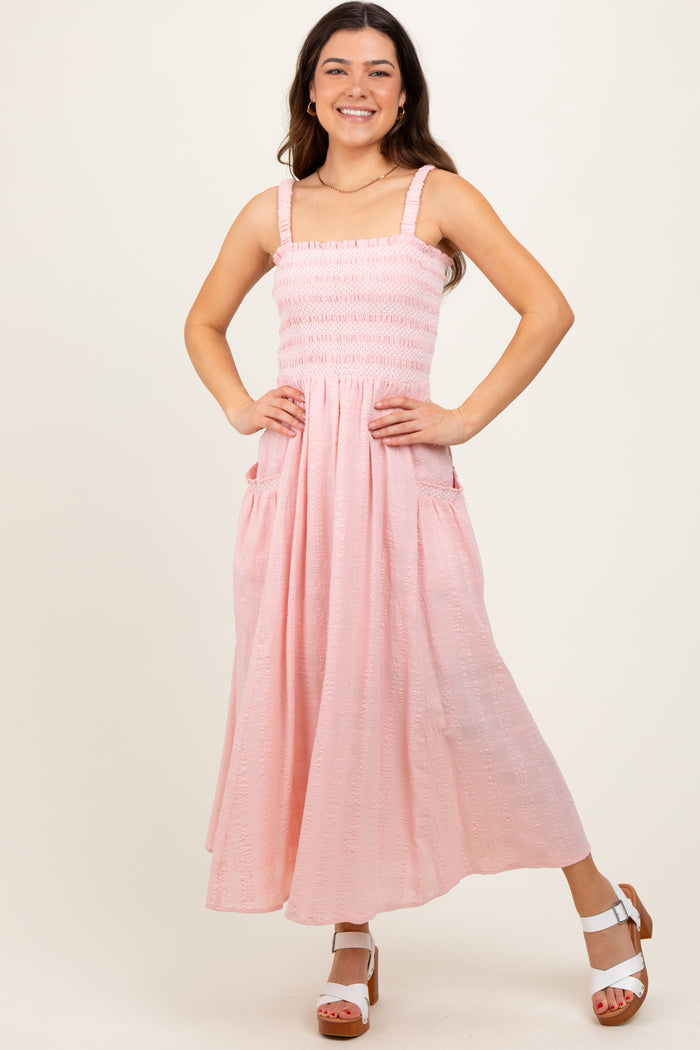 Light Pink Smocked Embroidered Bust Textured Midi Dress