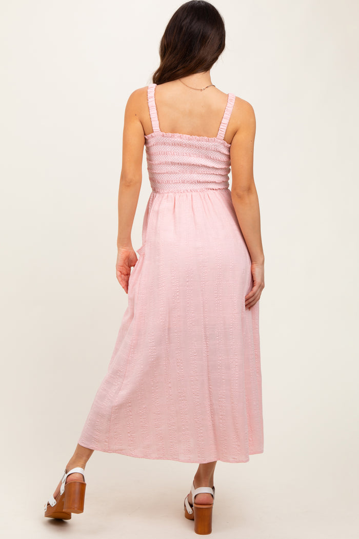 Light Pink Smocked Embroidered Bust Textured Midi Dress