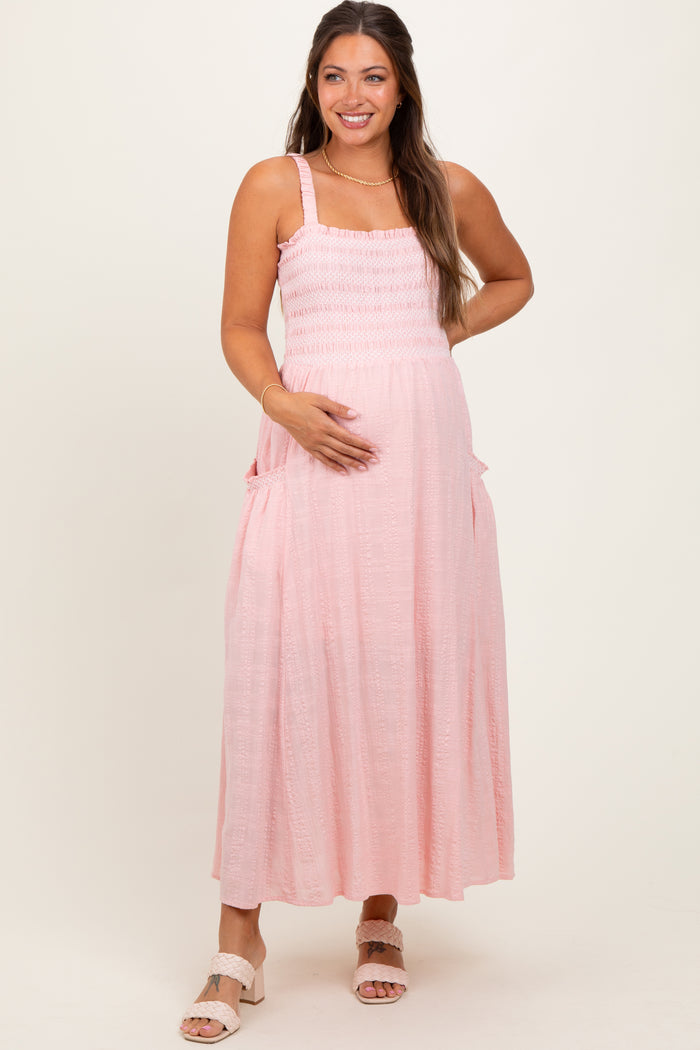 Light Pink Smocked Embroidered Bust Textured Maternity Midi Dress