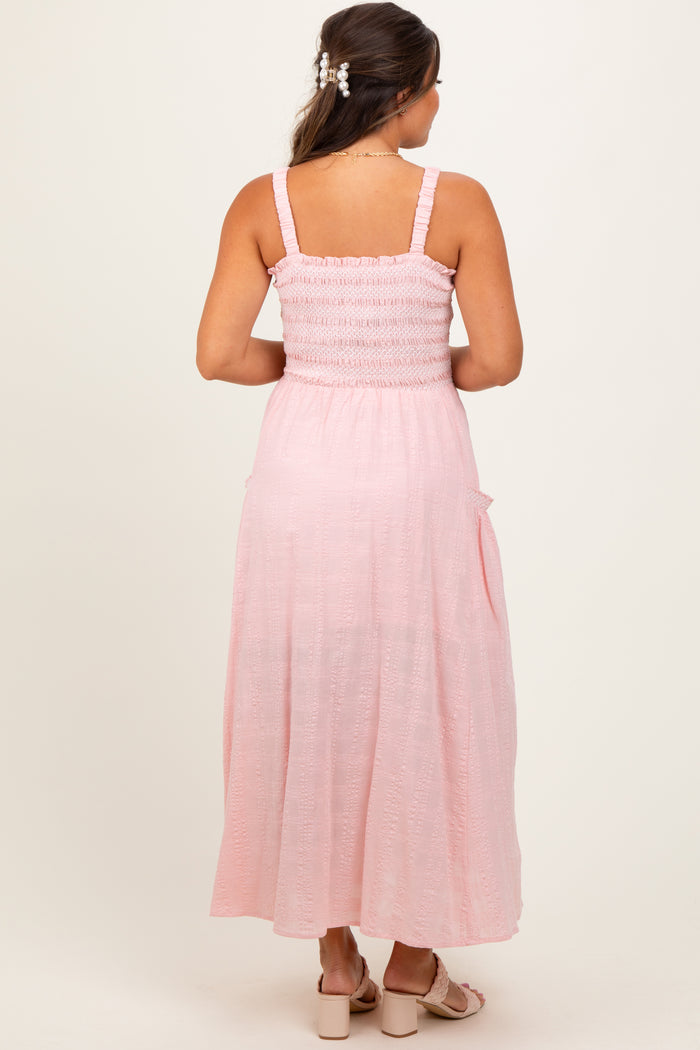 Light Pink Smocked Embroidered Bust Textured Maternity Midi Dress