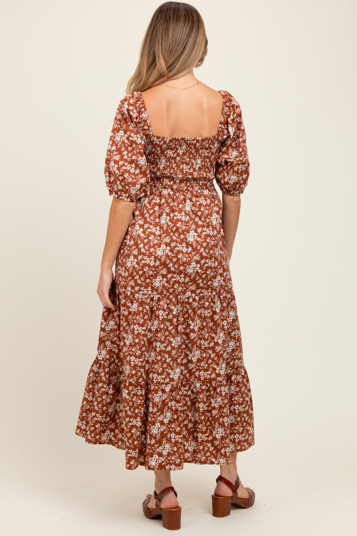 Rust Floral Smocked Puff Sleeve Maternity Maxi Dress