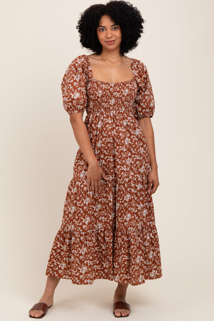 Rust Floral Smocked Puff Sleeve Maternity Maxi Dress
