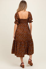 Mocha Floral Sweetheart Puff Sleeve Maternity Midi Dress