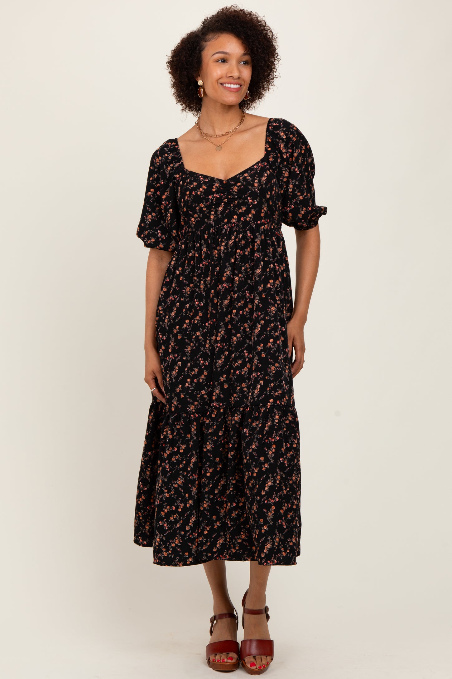 Black Floral Sweetheart Puff Sleeve Midi Dress