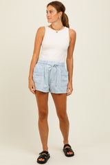 Light Blue Chambray Drawstring Front Pocket Maternity Shorts