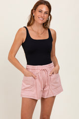 Light Pink Chambray Drawstring Front Pocket Maternity Shorts