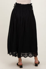 Black Smocked Waist Eyelet Lace Hem Maternity Maxi Skirt