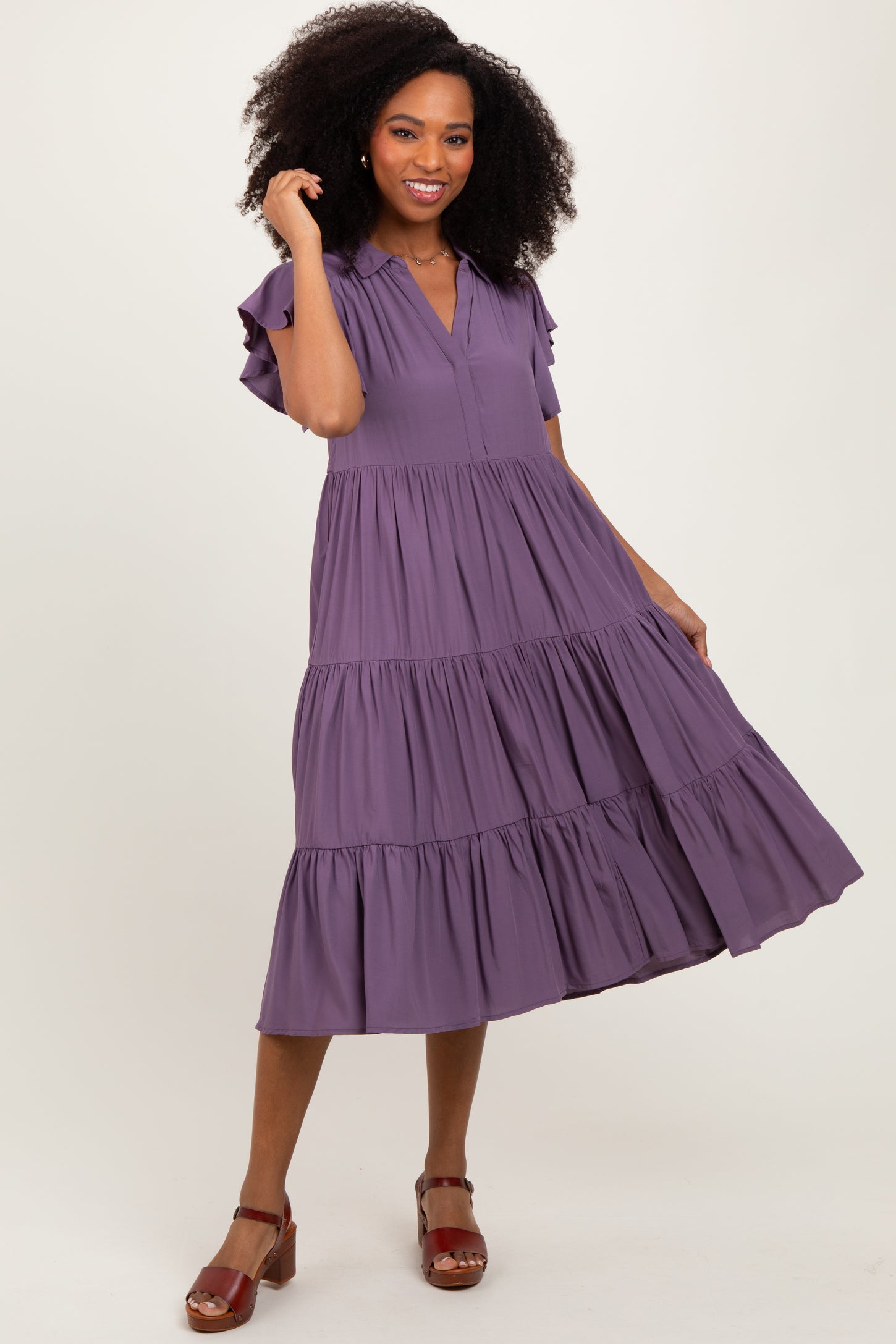 Plum Ruffle Sleeve V-Neck Tiered Midi Dress