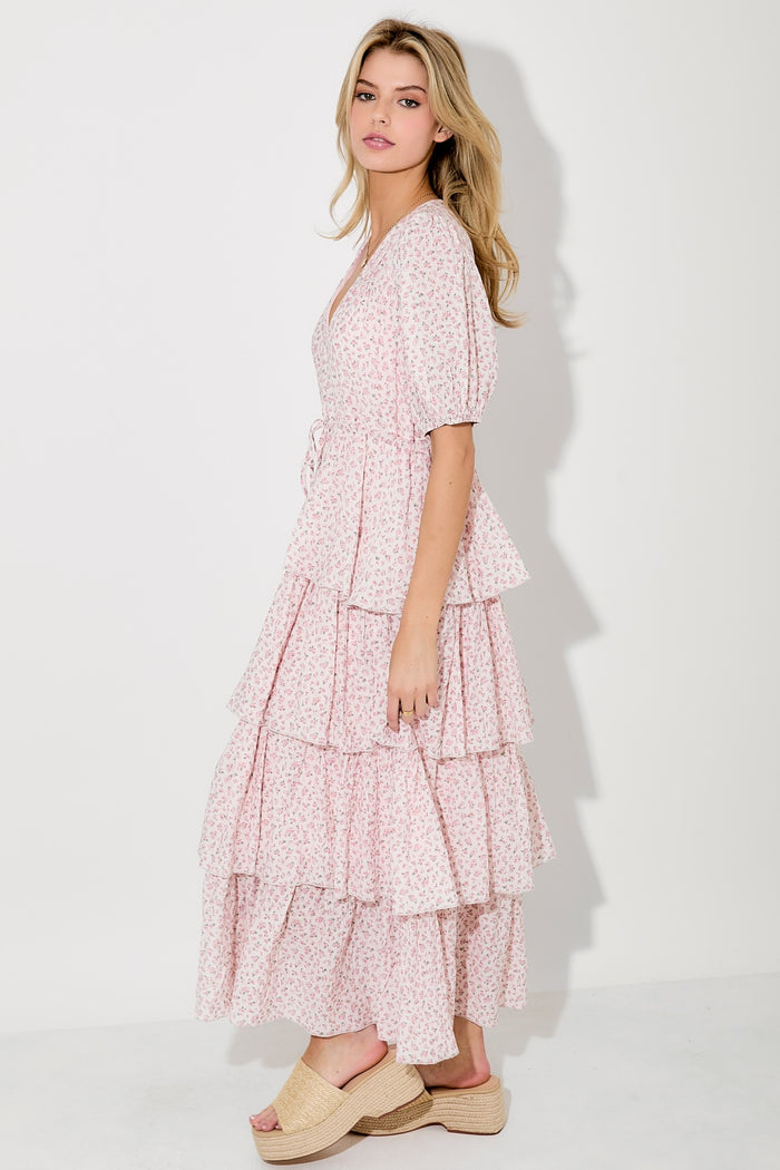Light Pink Floral Ruffle Tiered Maxi Dress