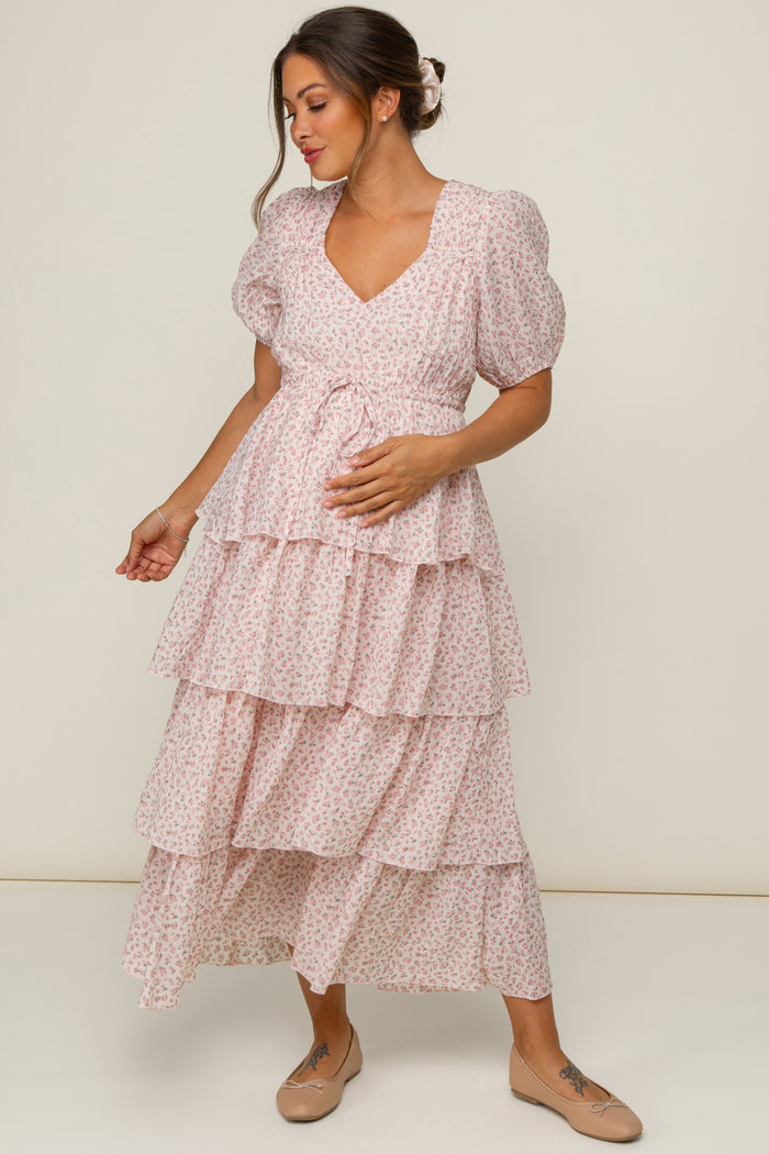 Light Pink Floral Ruffle Tiered Maternity Maxi Dress