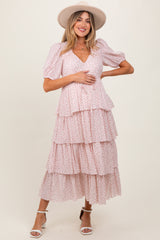 Light Pink Floral Ruffle Tiered Maternity Maxi Dress