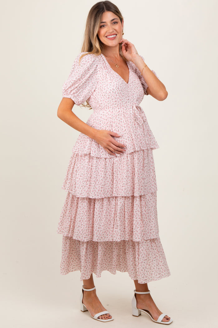 Light Pink Floral Ruffle Tiered Maternity Maxi Dress