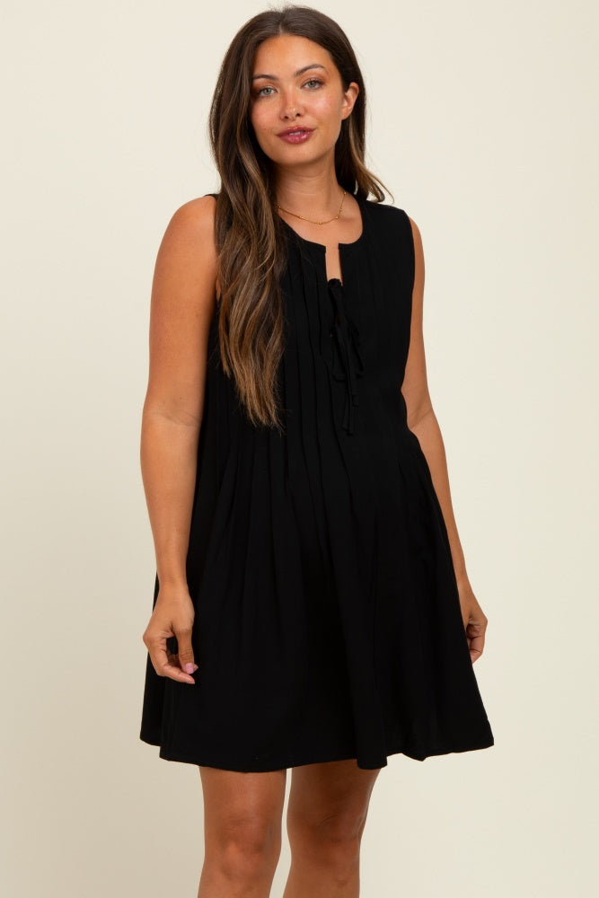 Black Pleated Front Tie Linen Blend Maternity Dress