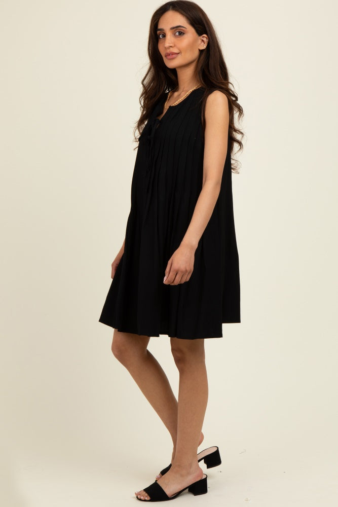 Black Pleated Front Tie Linen Blend Dress