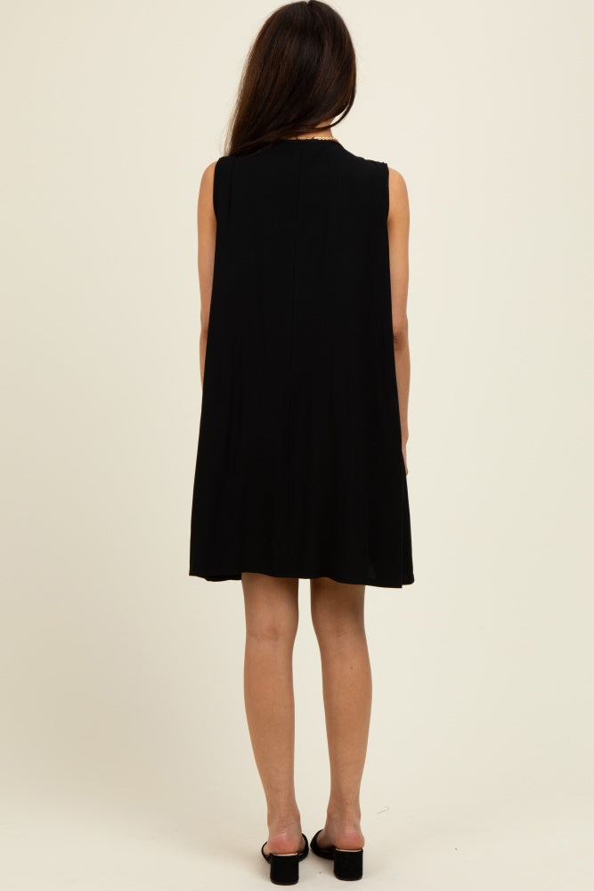 Black Pleated Front Tie Linen Blend Dress
