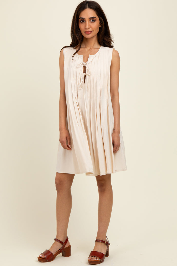Cream Pleated Front Tie Linen Blend Maternity Dress