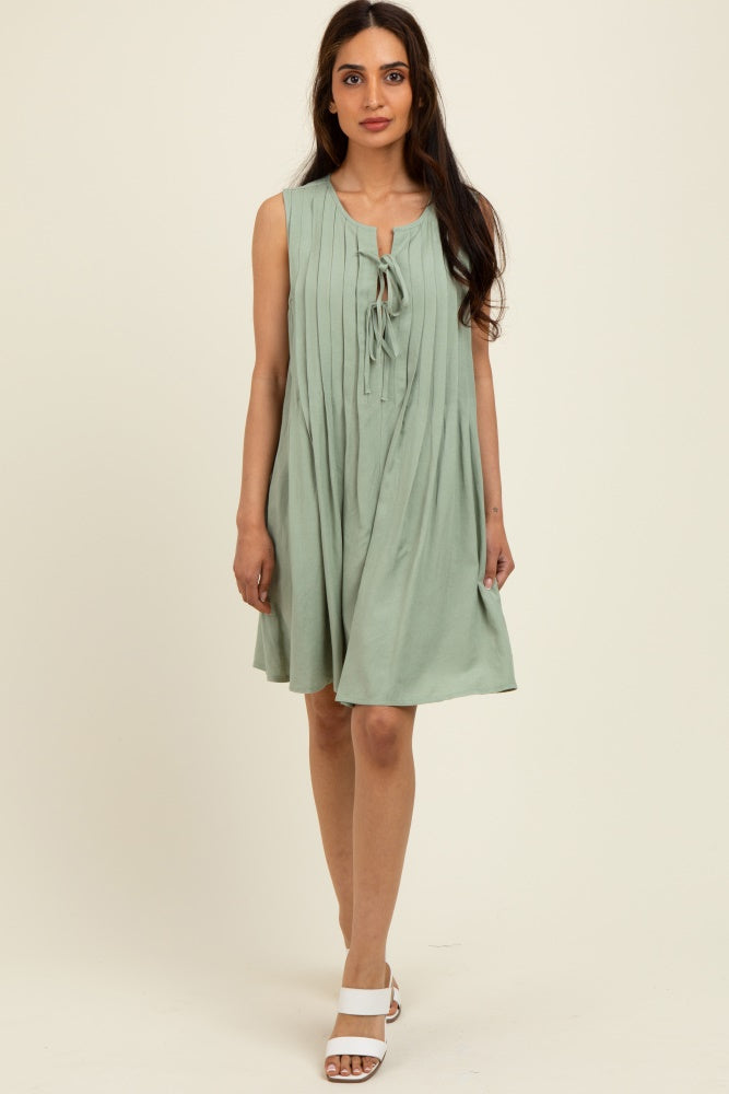Light Olive Pleated Front Tie Linen Blend Dress