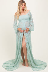 Mint Lace Long Sleeve Off Shoulder Slit Draped Maternity Photoshoot Dress