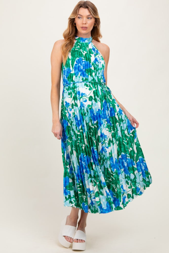 Blue Floral Satin Pleated Halter Neck Maternity Midi Dress