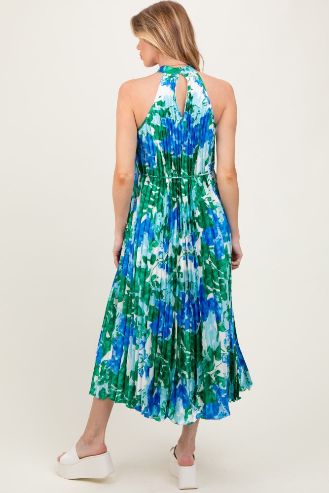 Blue Floral Satin Pleated Halter Neck Maternity Midi Dress