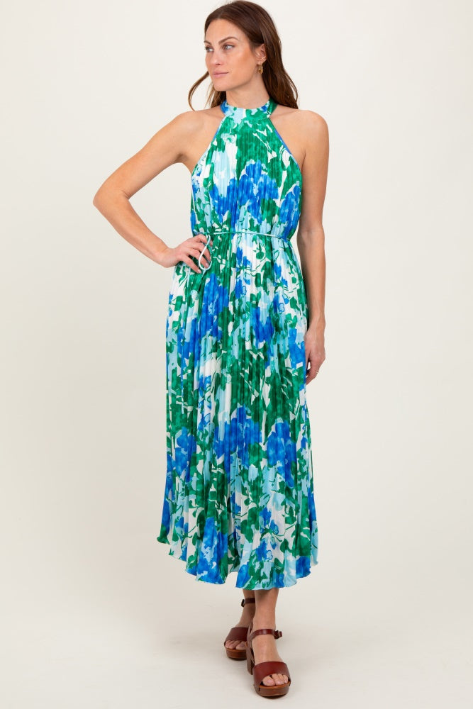 Blue Floral Satin Pleated Halter Neck Midi Dress